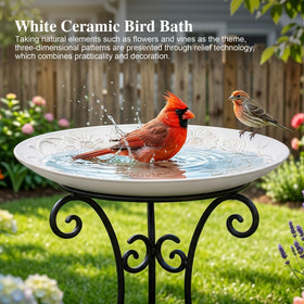 Topadorn ceramic bird bath on deck, ideal for backyard visits by birds.
