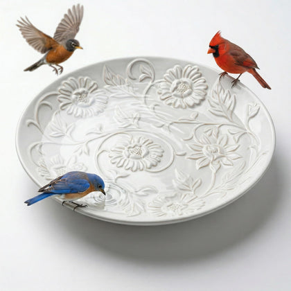 Topadorn ceramic bird bath outdoors, 14.17 inches, inviting birds to drink and bathe.