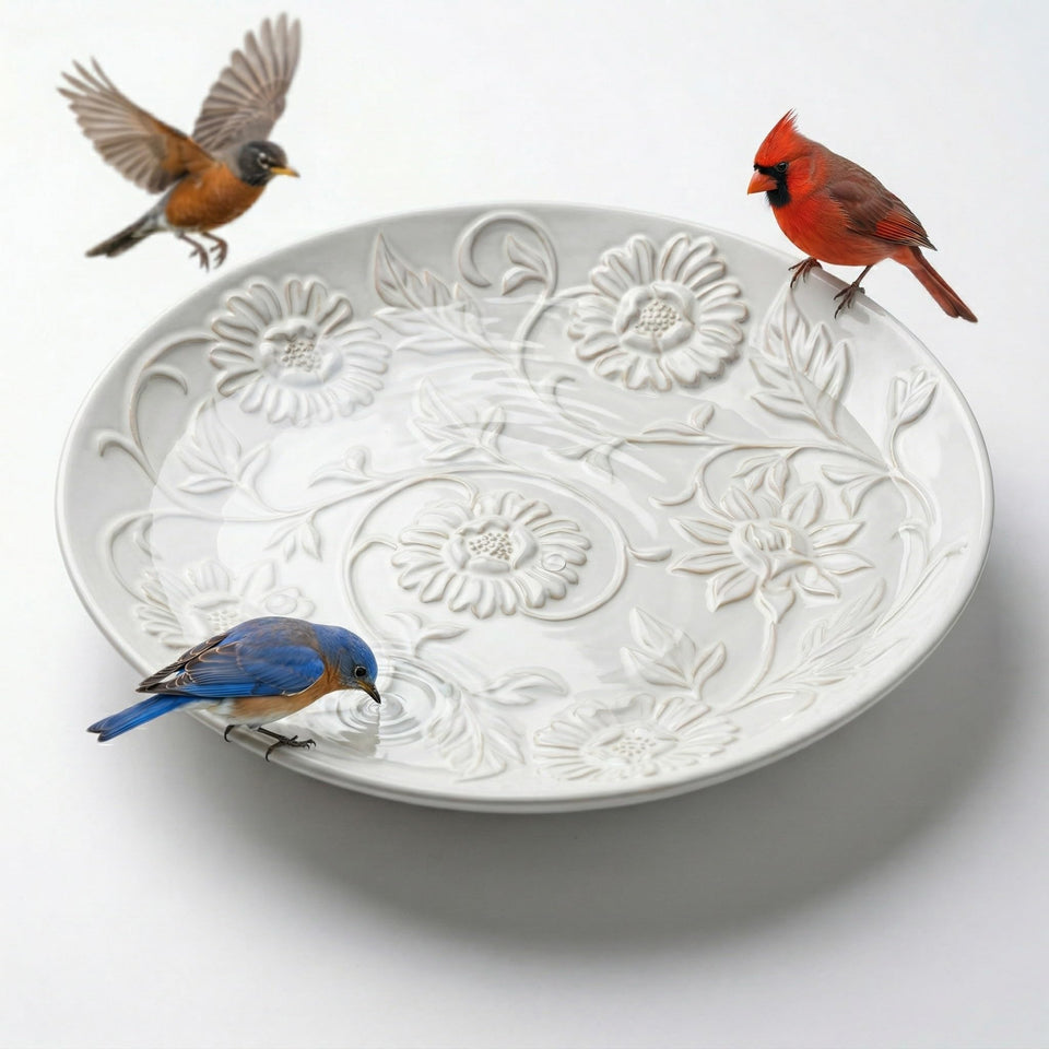 Topadorn ceramic bird bath outdoors, 14.17 inches, inviting birds to drink and bathe.