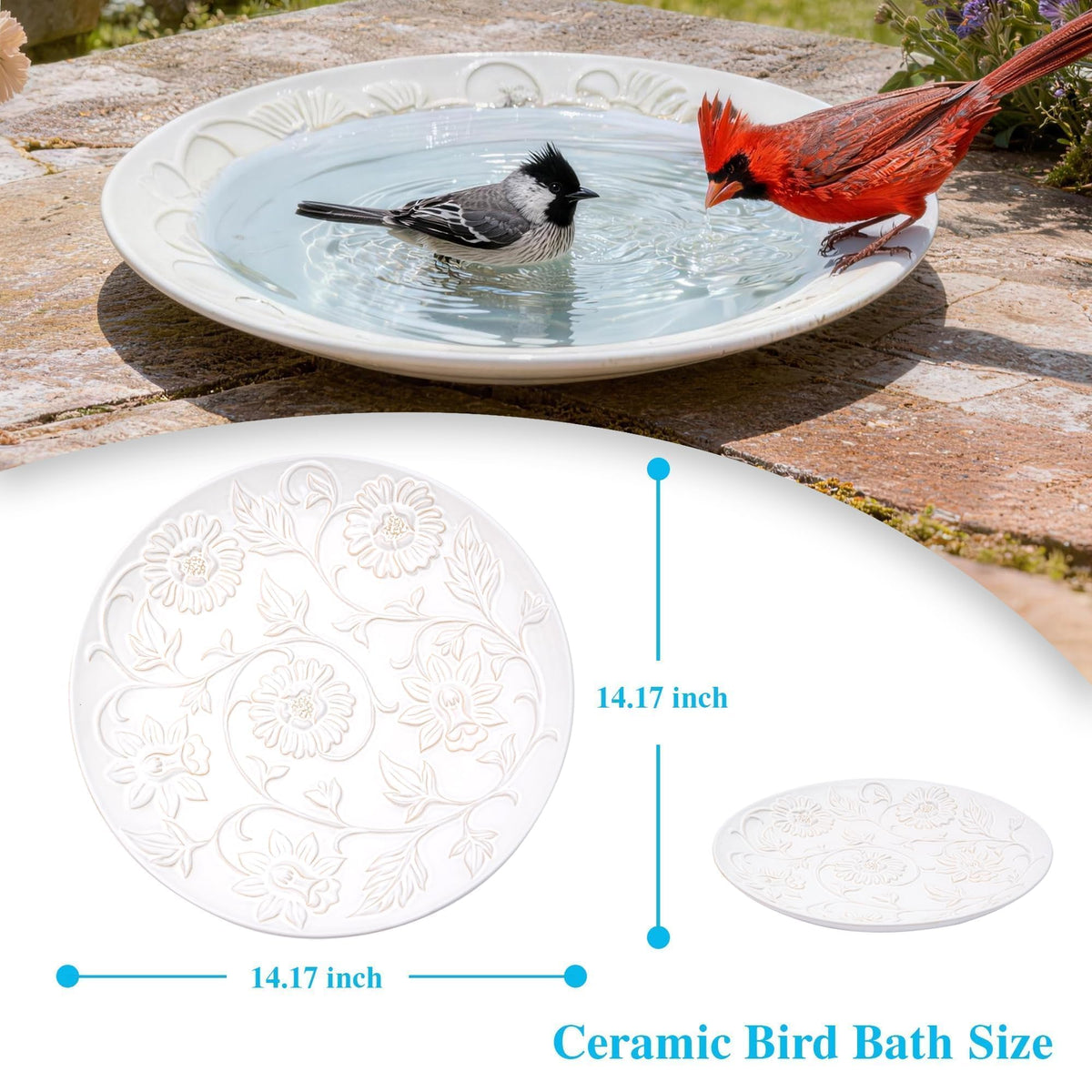 Topadorn ceramic bird bath in sunlight highlights outdoor charm.