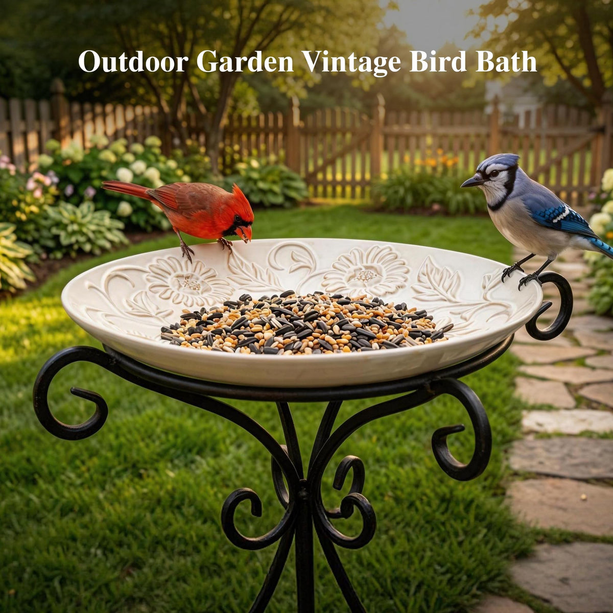 Topadorn ceramic bird bath on tabletop display for patio use.
