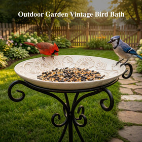Topadorn ceramic bird bath on tabletop display for patio use.