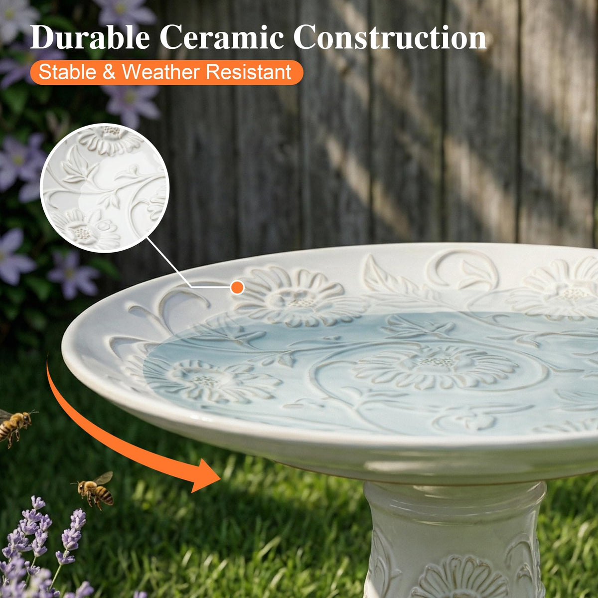 Topadorn garden bird bath blends with landscape while attracting birds.