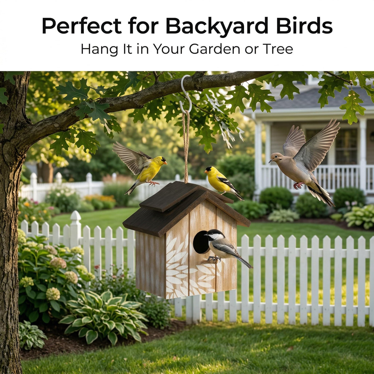 Topadorn garden bird house hanging from a sturdy branch