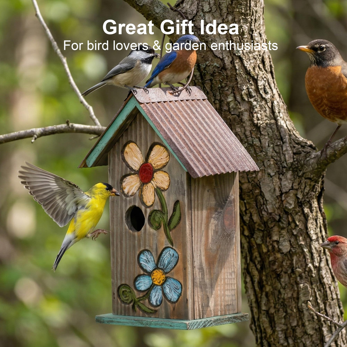 Topadorn garden birdhouse wood panel flowers provides cozy shelter for visiting songbirds