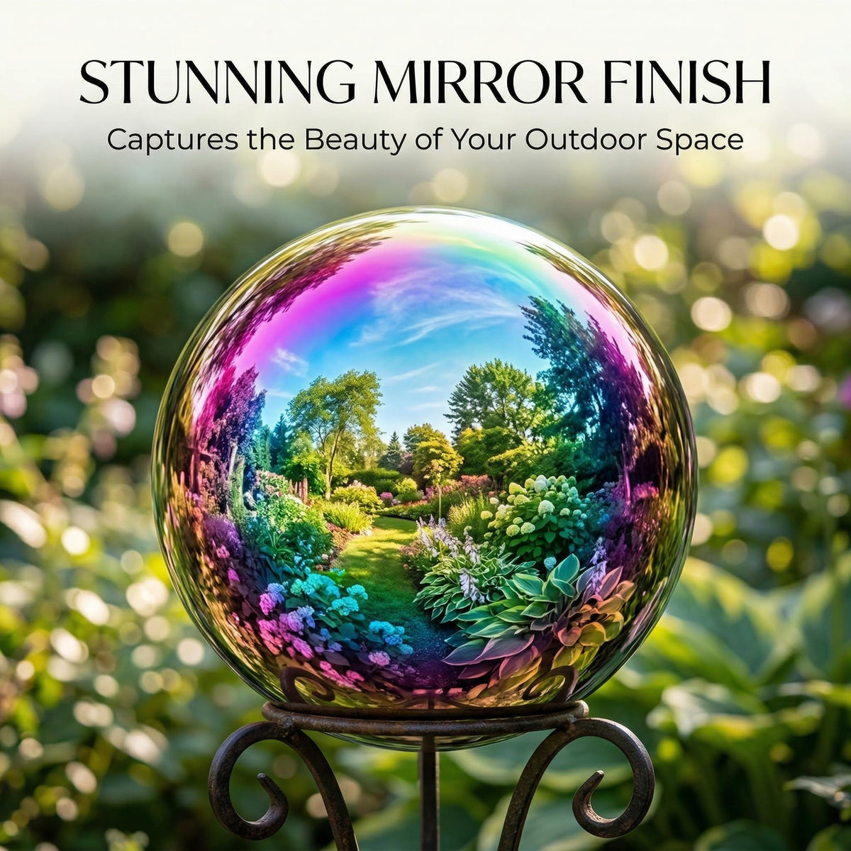 Topadorn gazing ball rainbow reflections brighten garden paths at sunset