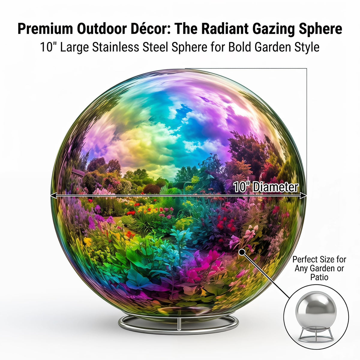 Topadorn stainless steel gazing ball shines with weather-resistant luster on patios