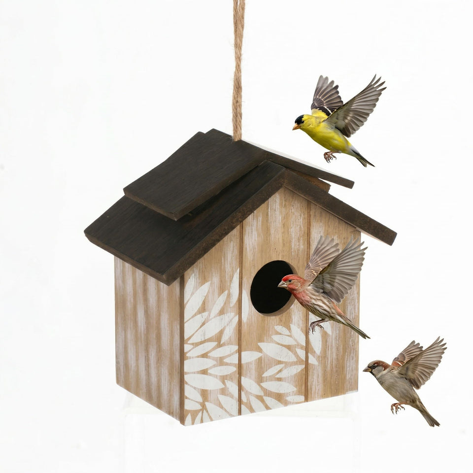 Topadorn wooden bird house hanging outdoors to invite songbirds