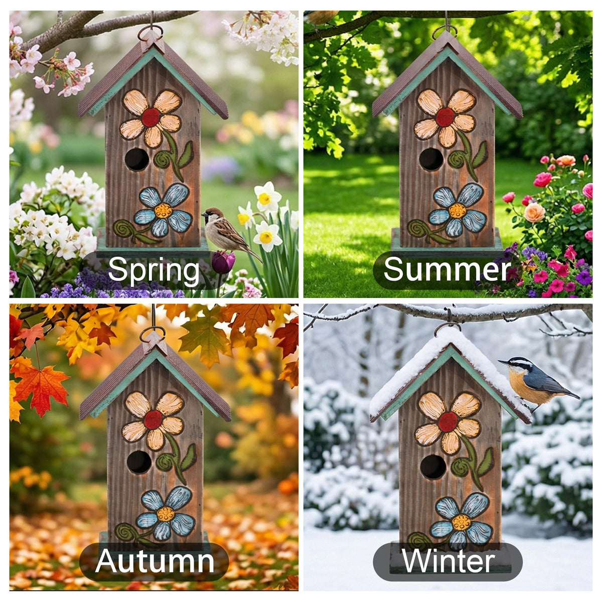 Topadorn wooden birdhouse handcrafted floral design welcomes birds