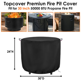 Topcover fire pit cover secures with bottom drawstring for a snug fit on windy days.