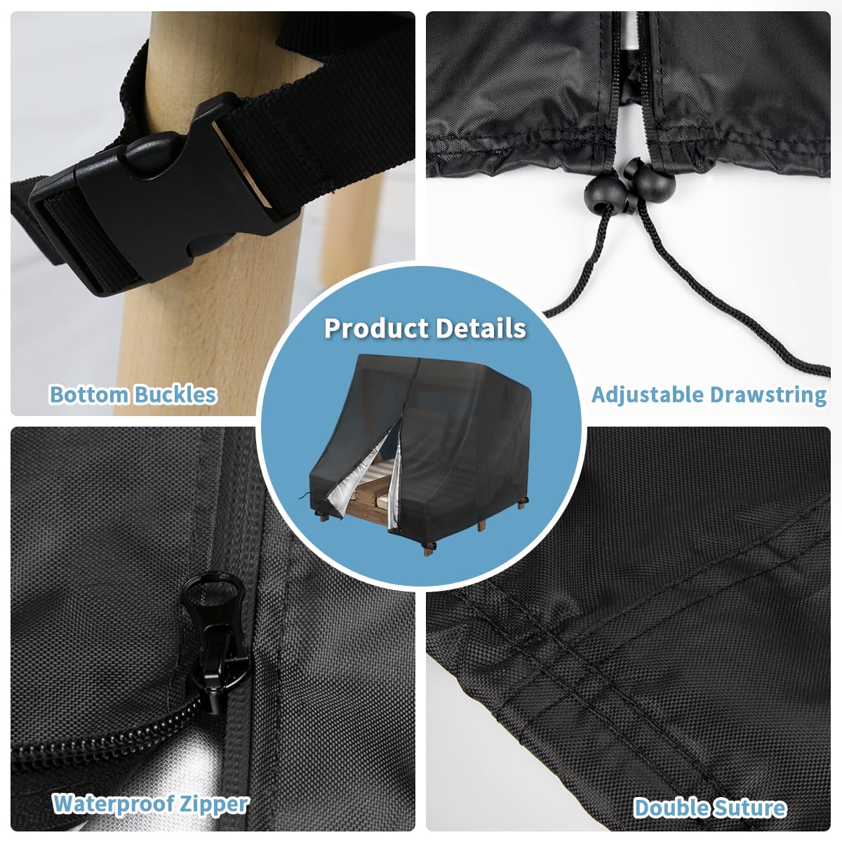 Topcover windproof buckles and drawstring secure the cover during storms.