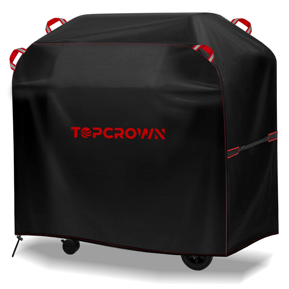 Topcrown grill cover with waterproof Oxford fabric protects 45-48 inch grills from rain.