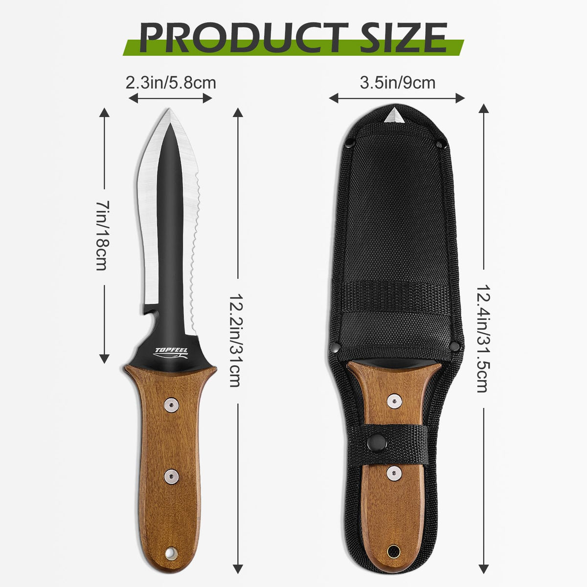 Topfeel Hori Hori with full-tang wood handle for durable comfort.