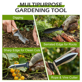 Topfeel Hori Hori blade features serrated and straight edges for tough roots.