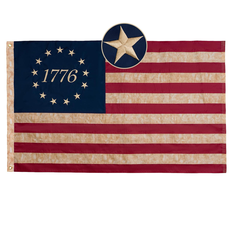 TOPFLAGS Betsy Ross flag with tea-stained finish for vintage patriotic decor.
