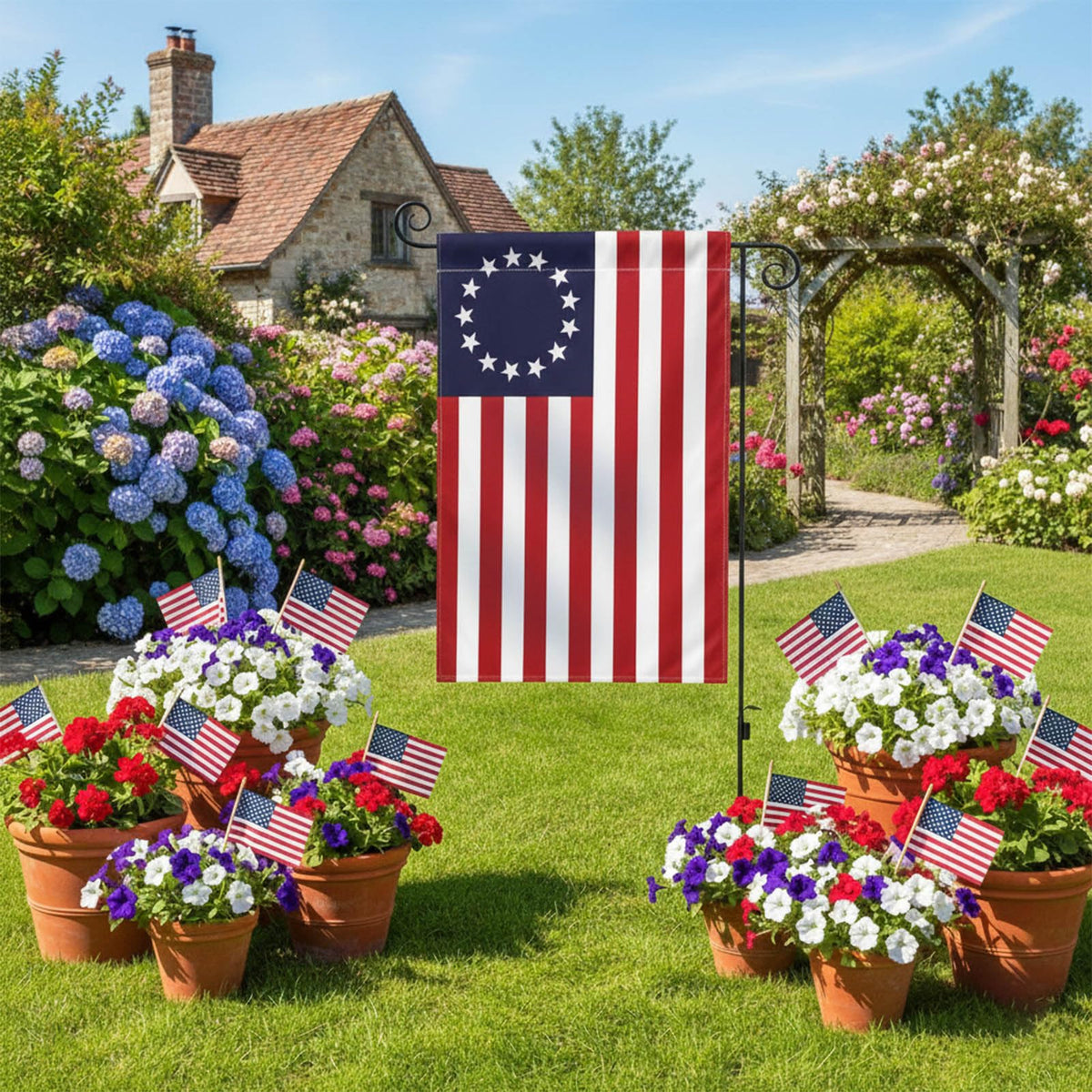 TOPFLAGS Betsy Ross flag, circle of 13 stars close-up, vivid detail for yard decor.