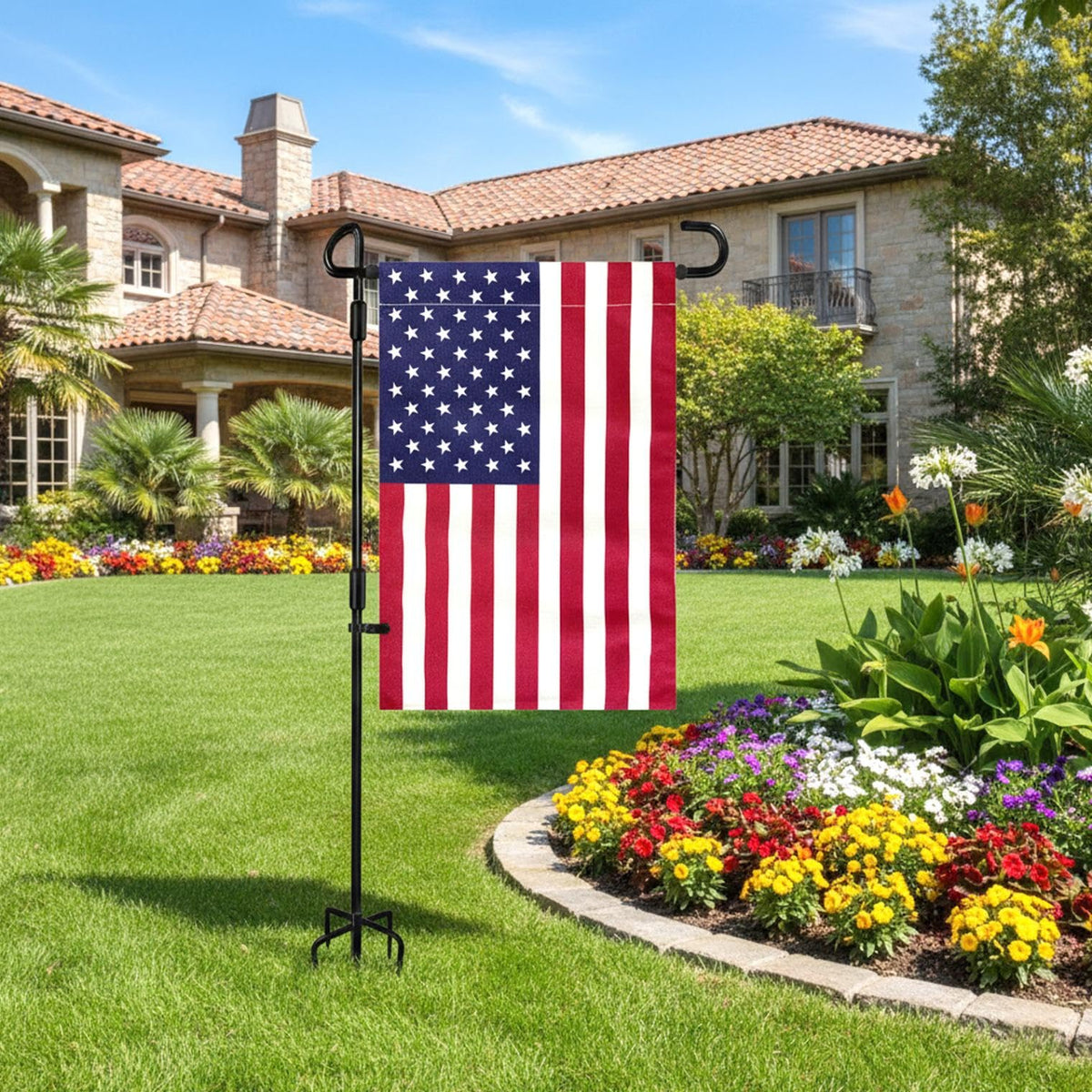 TopFlags heavy-duty metal stand supports flags in wind.