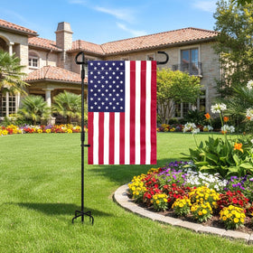 TopFlags heavy-duty metal stand supports flags in wind.