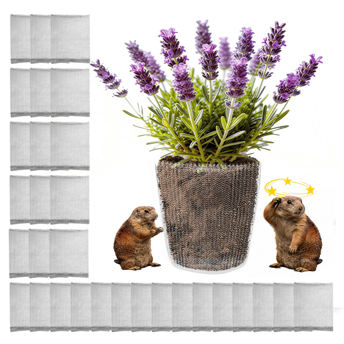 Topfurn 50-piece gopher baskets front view protect roots in the garden.
