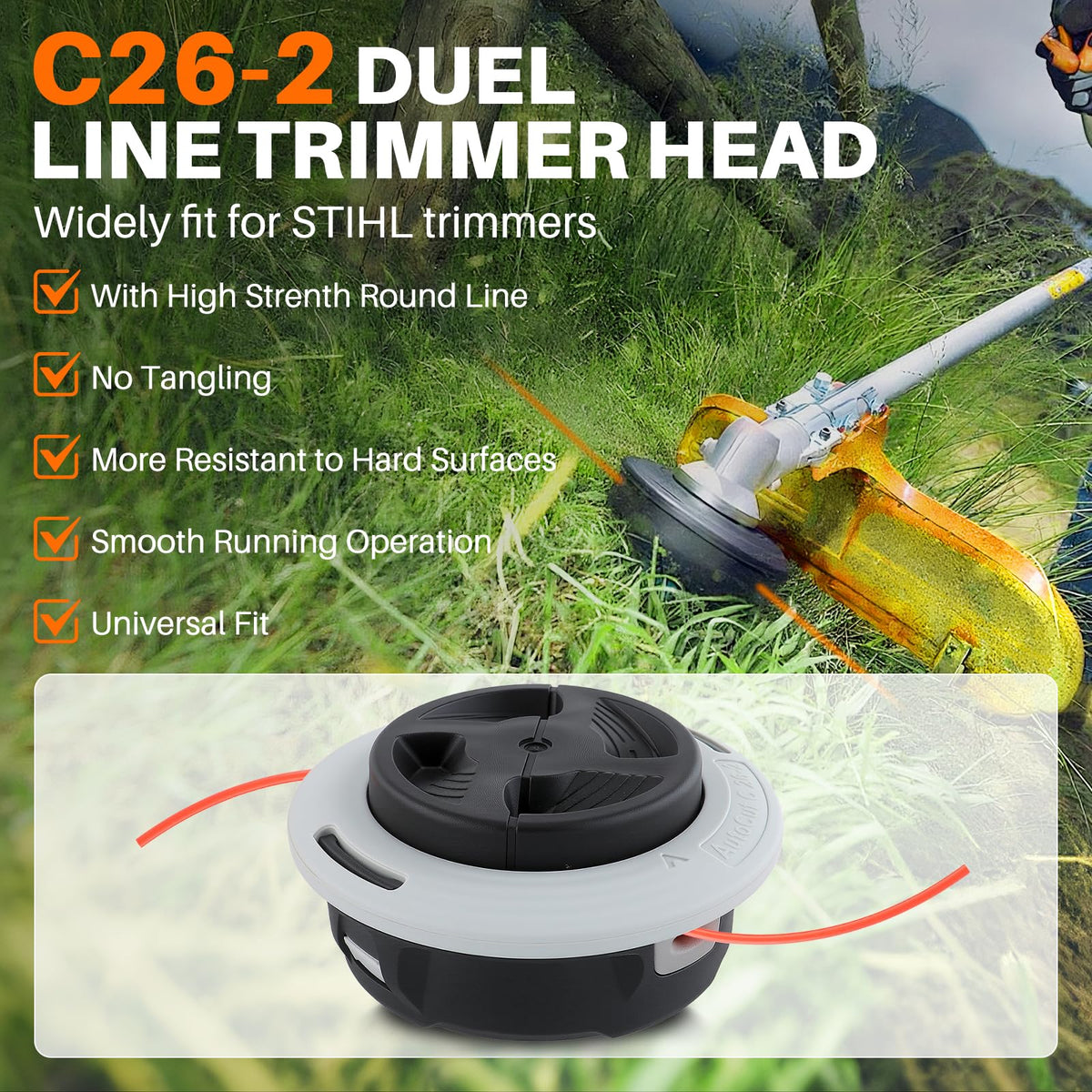 Topkidame C26-2 head used around shrubs and edges in a yard