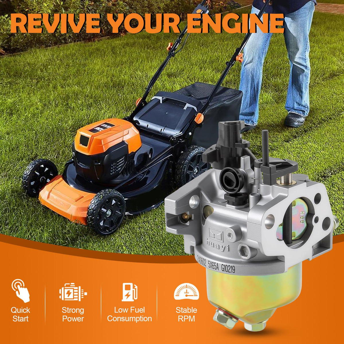 Topkidame Huayi carburetor package contents including filters, gaskets, and spark plug