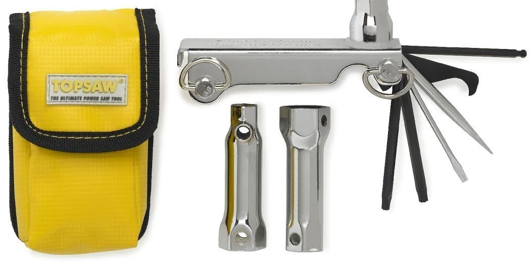 TopSaw TSPWP multitool with waterproof nylon sheath for safe outdoor storage.