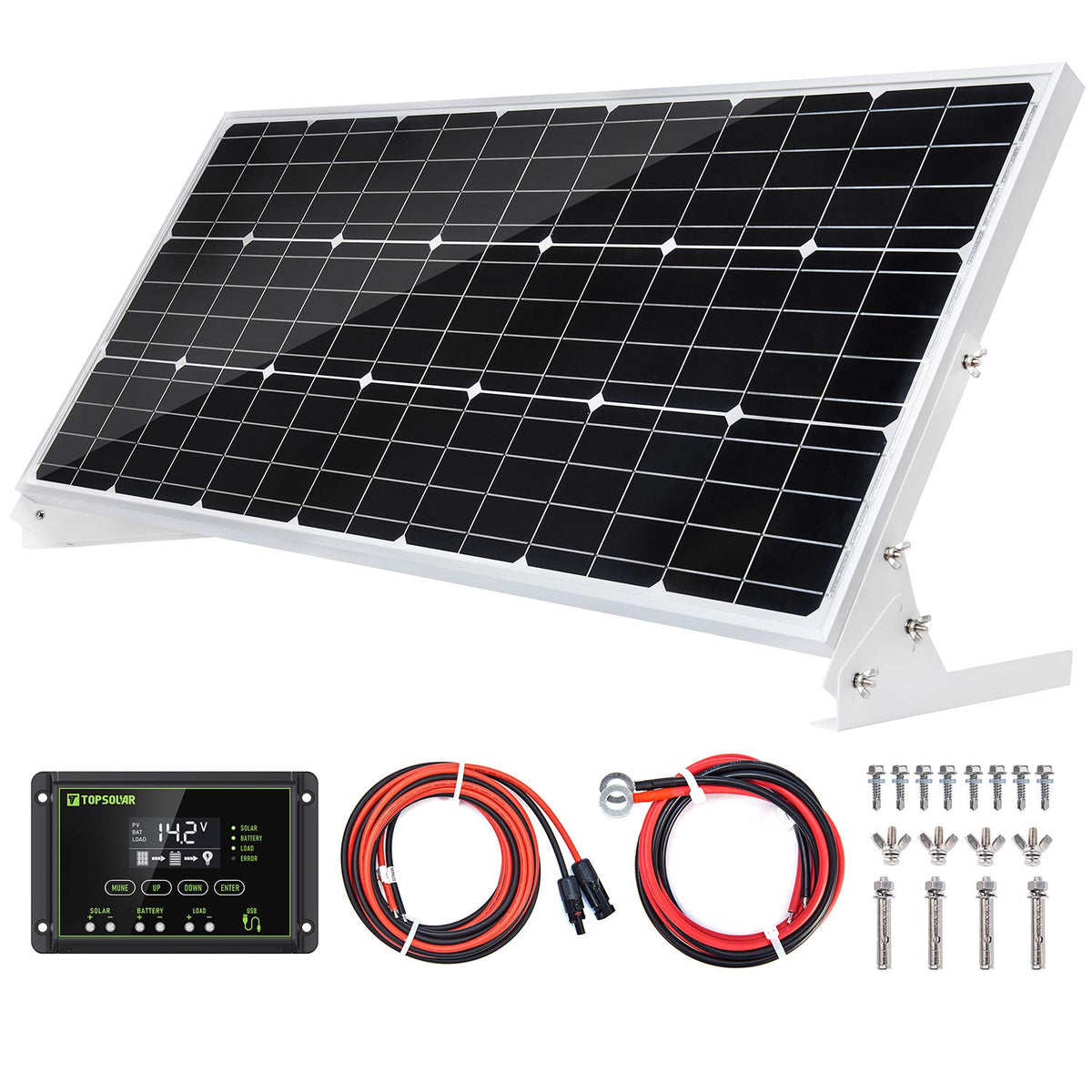Topsolar 100W panel front view for off-grid charging in homes, RVs, and boats.