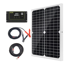 Topsolar 20W solar panel powering off-grid charging for RVs and boats