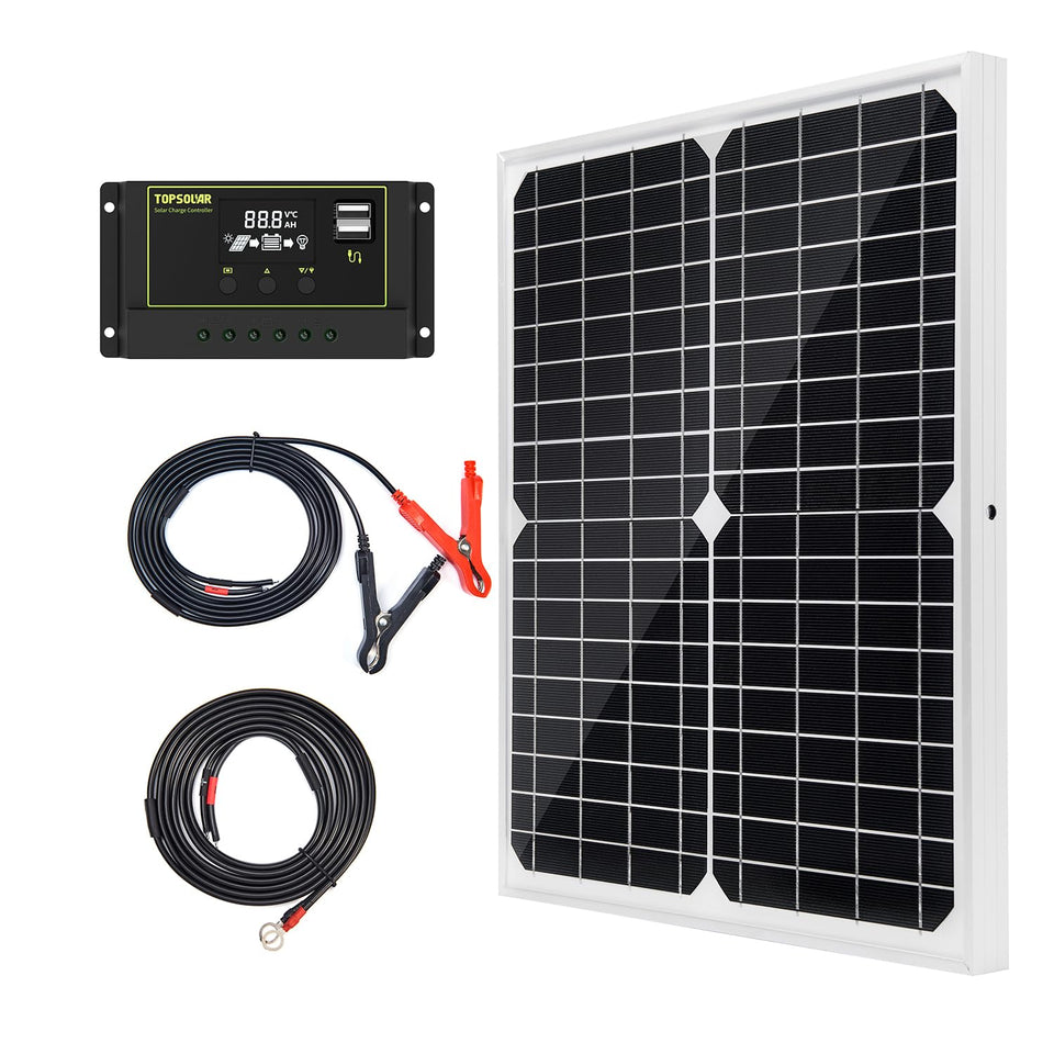 Topsolar 20W solar panel powering off-grid charging for RVs and boats