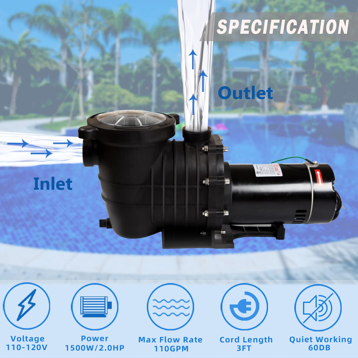 TOPWAY 2HP pool pump side view highlighting copper motor and durability