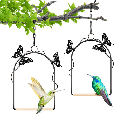 TopWoot hummingbird swing pair in a sunny garden attracts perching birds.