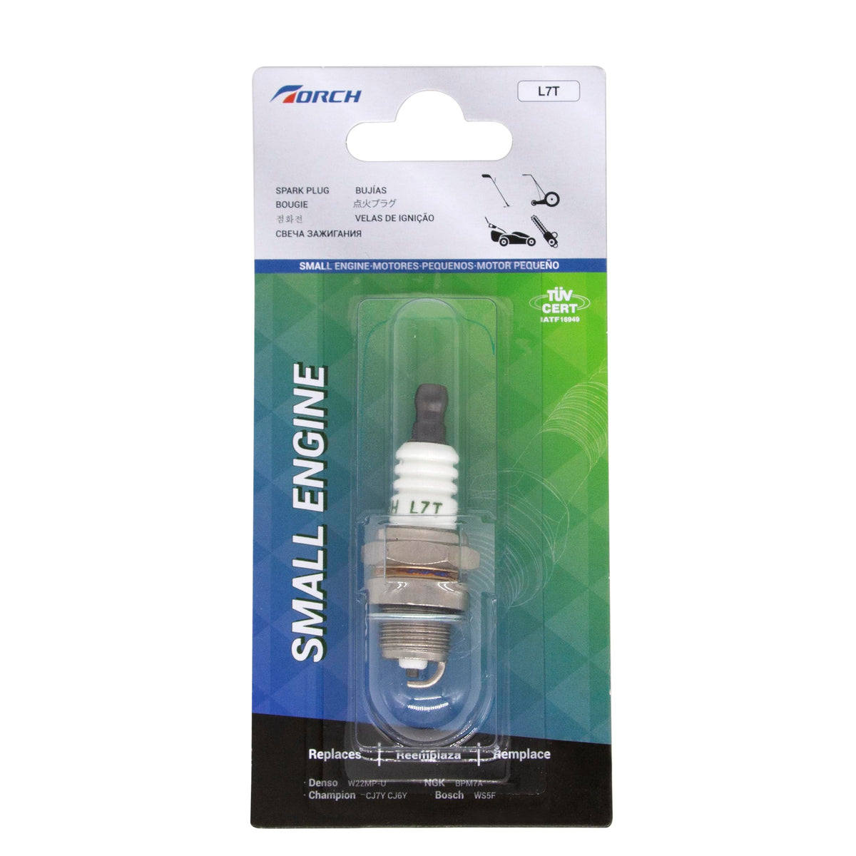 Torch L7T spark plug closeup with robust electrode for reliable starts