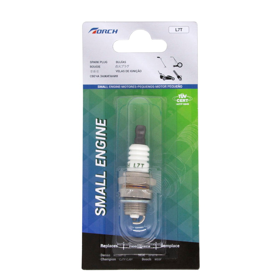 Torch L7T spark plug closeup with robust electrode for reliable starts