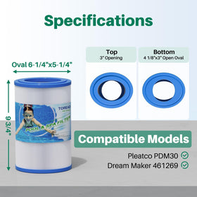 TOREAD PDM30 oval filter dimensions shown for precise spa fit and compatibility.