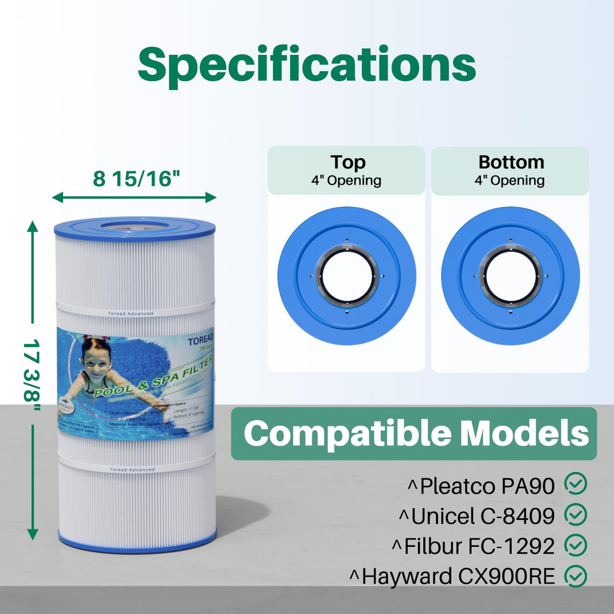 TOREAD reinforced-end-caps-center-support provides durable filtration under chlorine use