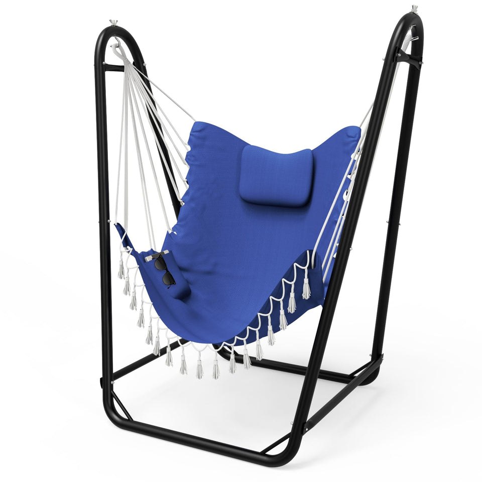 TOREVSIOR hammock chair with stand navy in a cozy living room for indoor relaxation.