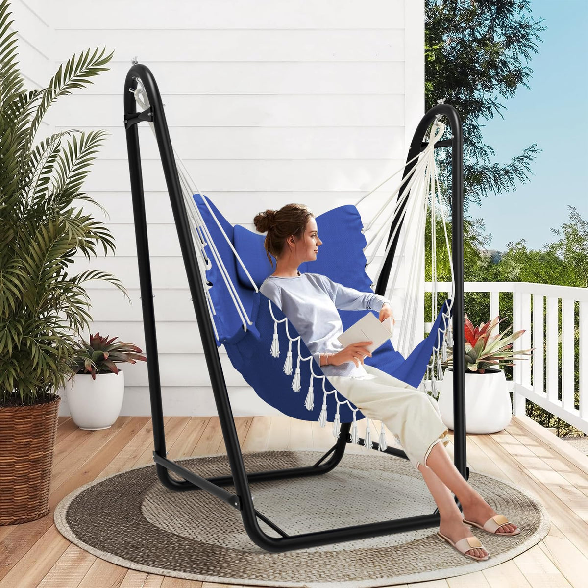 TOREVSIOR hammock chair stand with side pocket keeps essentials handy.