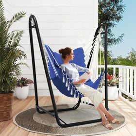TOREVSIOR hammock chair stand with side pocket keeps essentials handy.