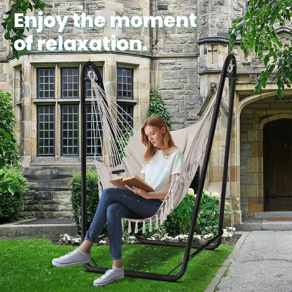 TOREVSIOR Hammock Chair with Stand cotton hammock included for soft comfort.