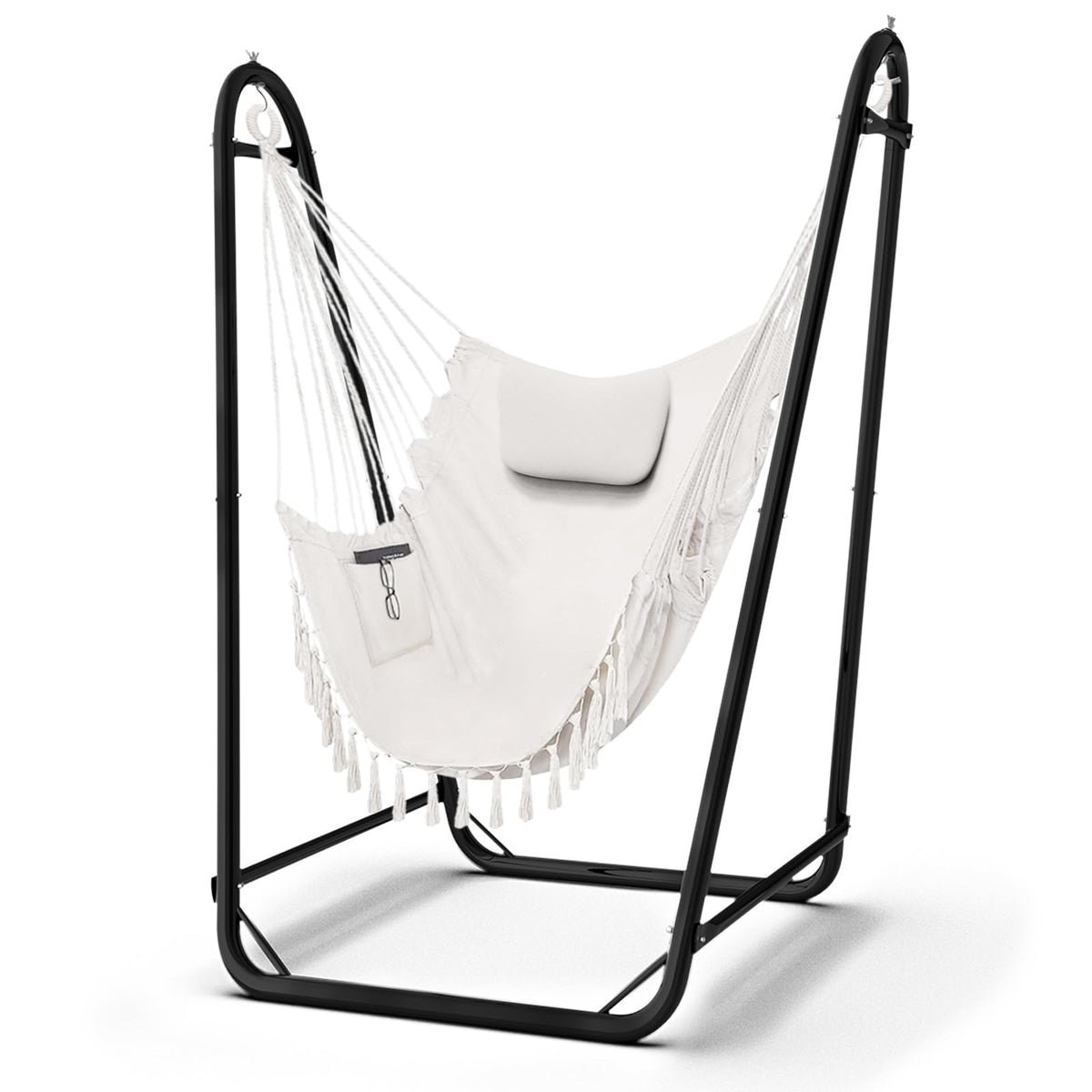 TOREVSIOR Hammock Chair with Stand front view; stable balance for indoor or outdoor lounging.