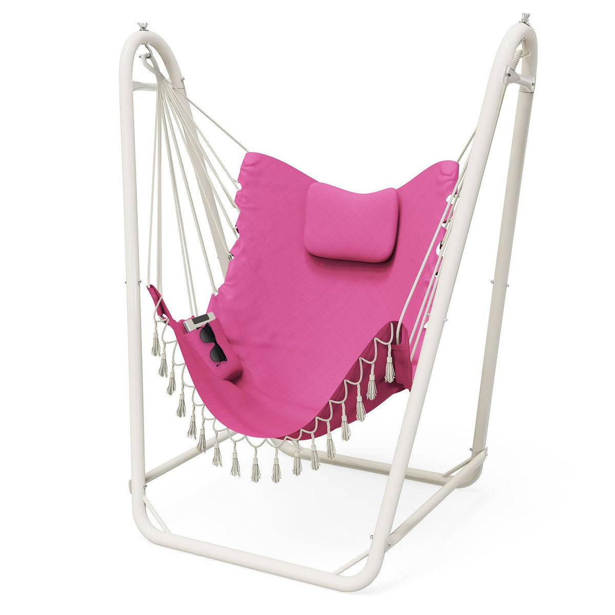 TOREVSIOR hammock chair with stand, front view showing sturdy indoor/outdoor setup