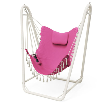 TOREVSIOR hammock chair with stand, front view showing sturdy indoor/outdoor setup