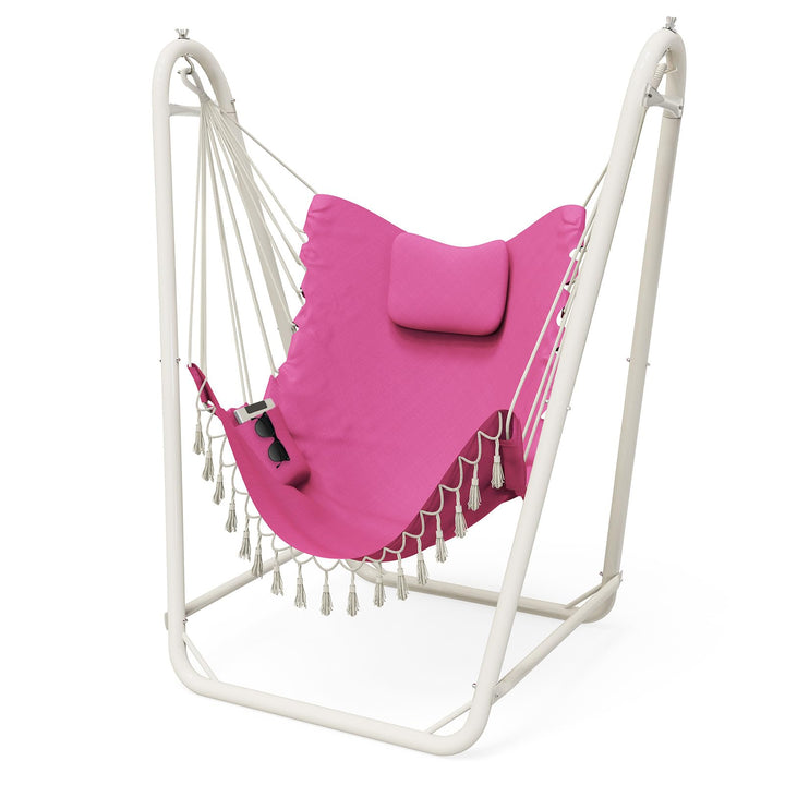 TOREVSIOR hammock chair with stand, front view showing sturdy indoor/outdoor setup