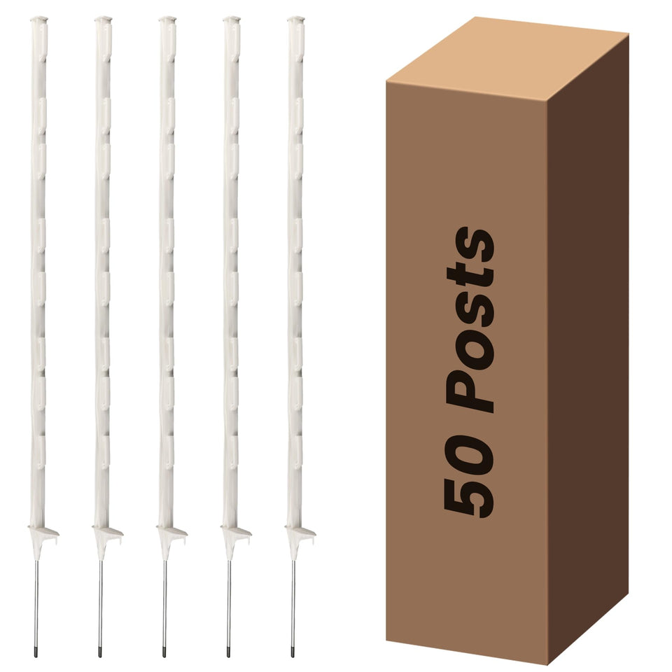 Toriexon electric fence posts in white for temporary garden fencing.