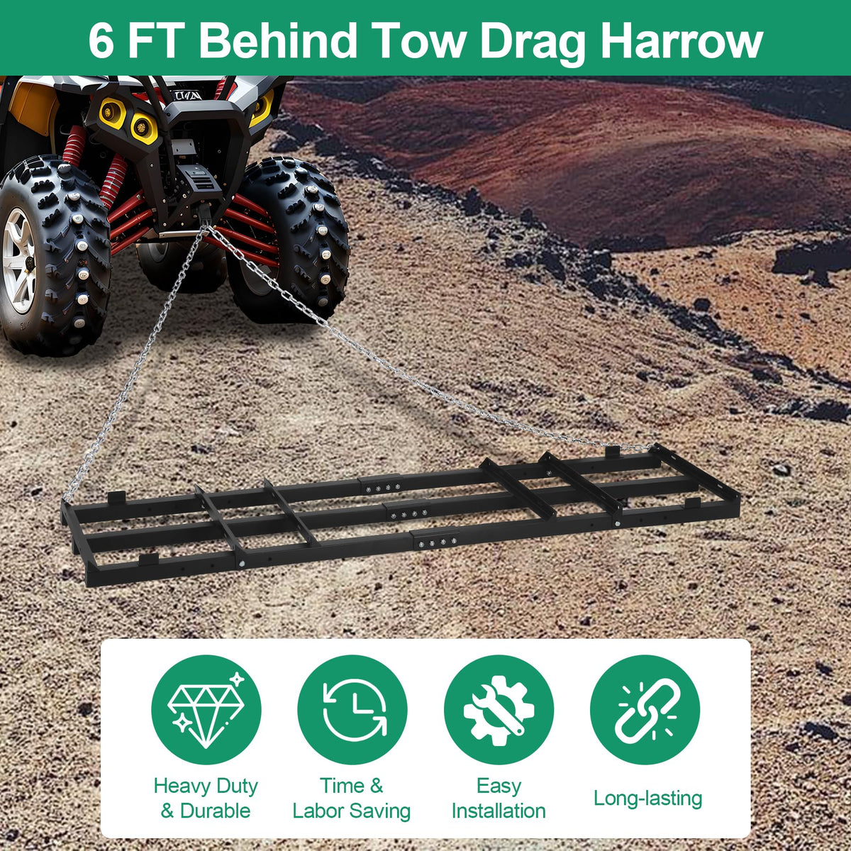 Toriexon 6 ft working width covers wide paths efficiently on rough terrain.