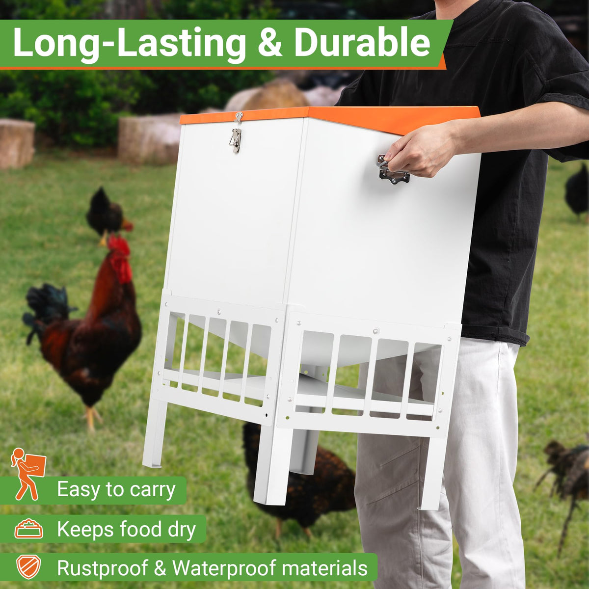 Toriexon powder-coated steel construction resists rust in outdoor coops.