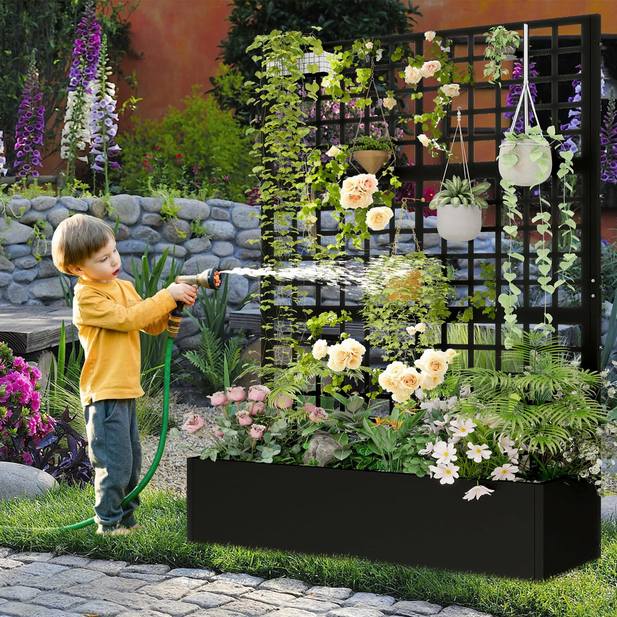 Toriexon metal planter in backyard ready for layered greenery.
