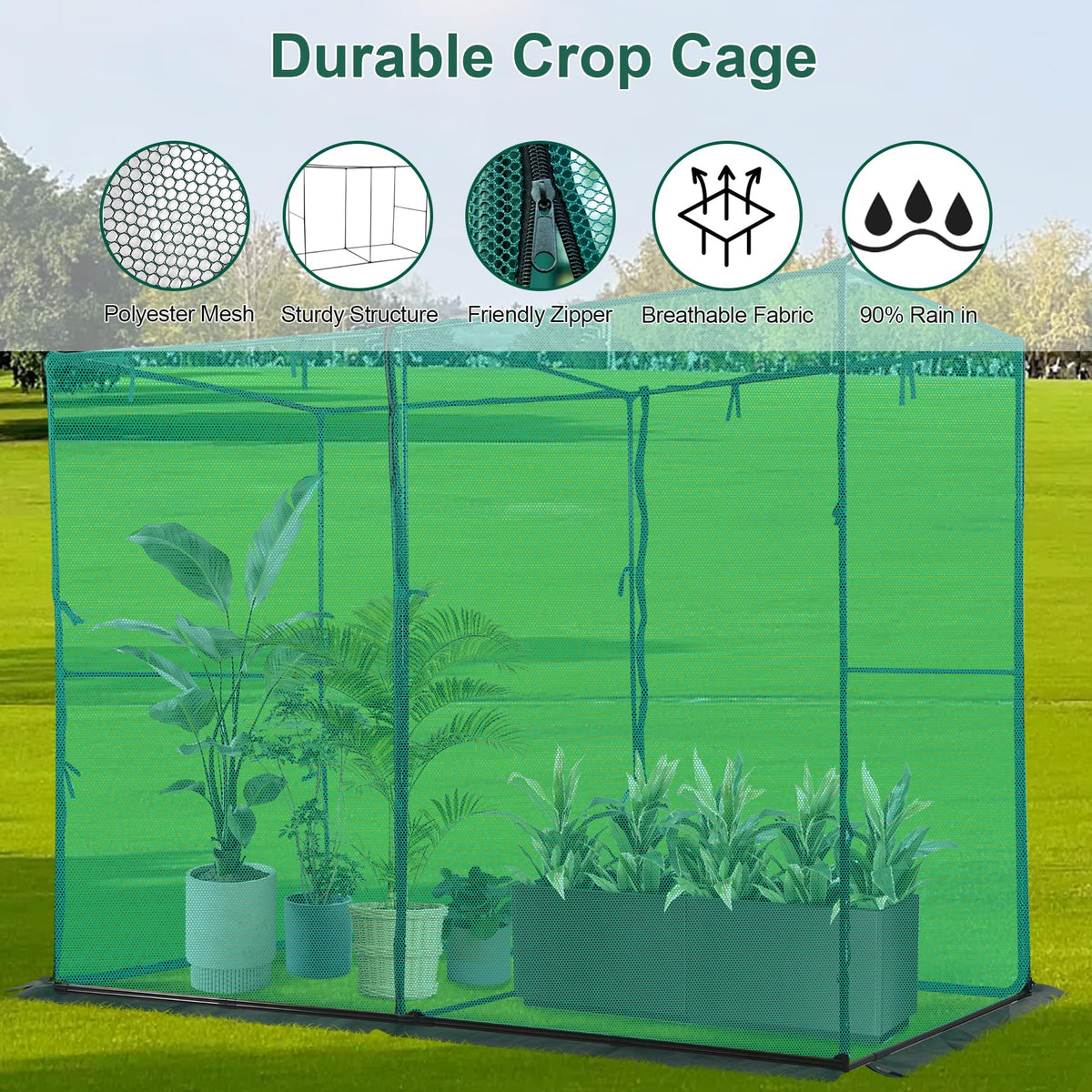 Toriexon crop cage with ground staples anchored securely to ground