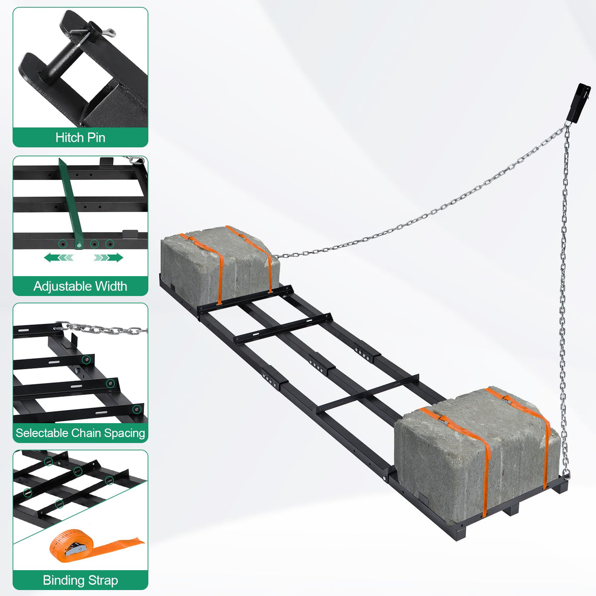 Toriexon drag harrow with 5 ft chain reduces connection wear during use.