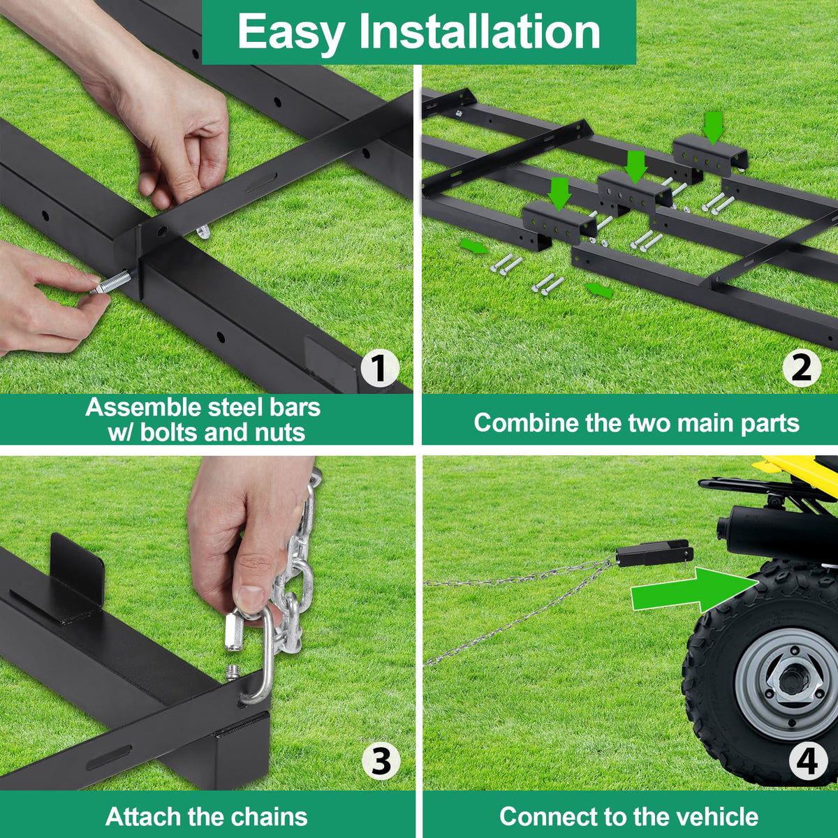 Toriexon drag harrow leveling soil, sand, and gravel on driveways and yards.